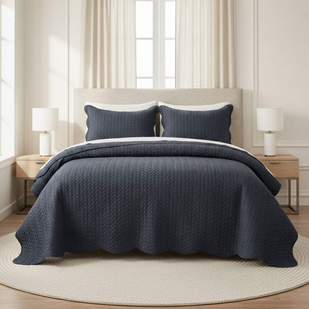 Elegant bedroom with navy cotton quilted bedding and pillows, neutral decor, and soft lighting.